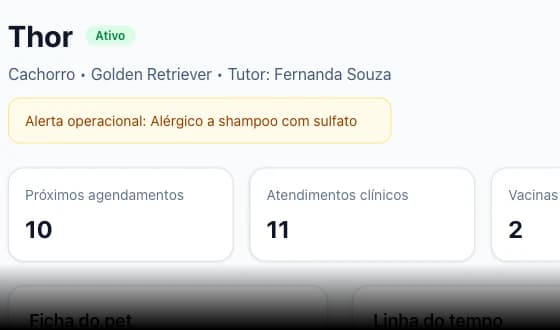 Ficha de um pet no Trimly, com alerta de alergia e histórico